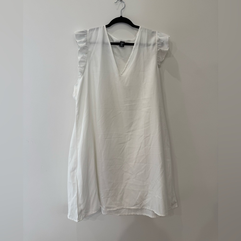 SHEIN White V-Neck Ruffle Sleeve Shift Dress